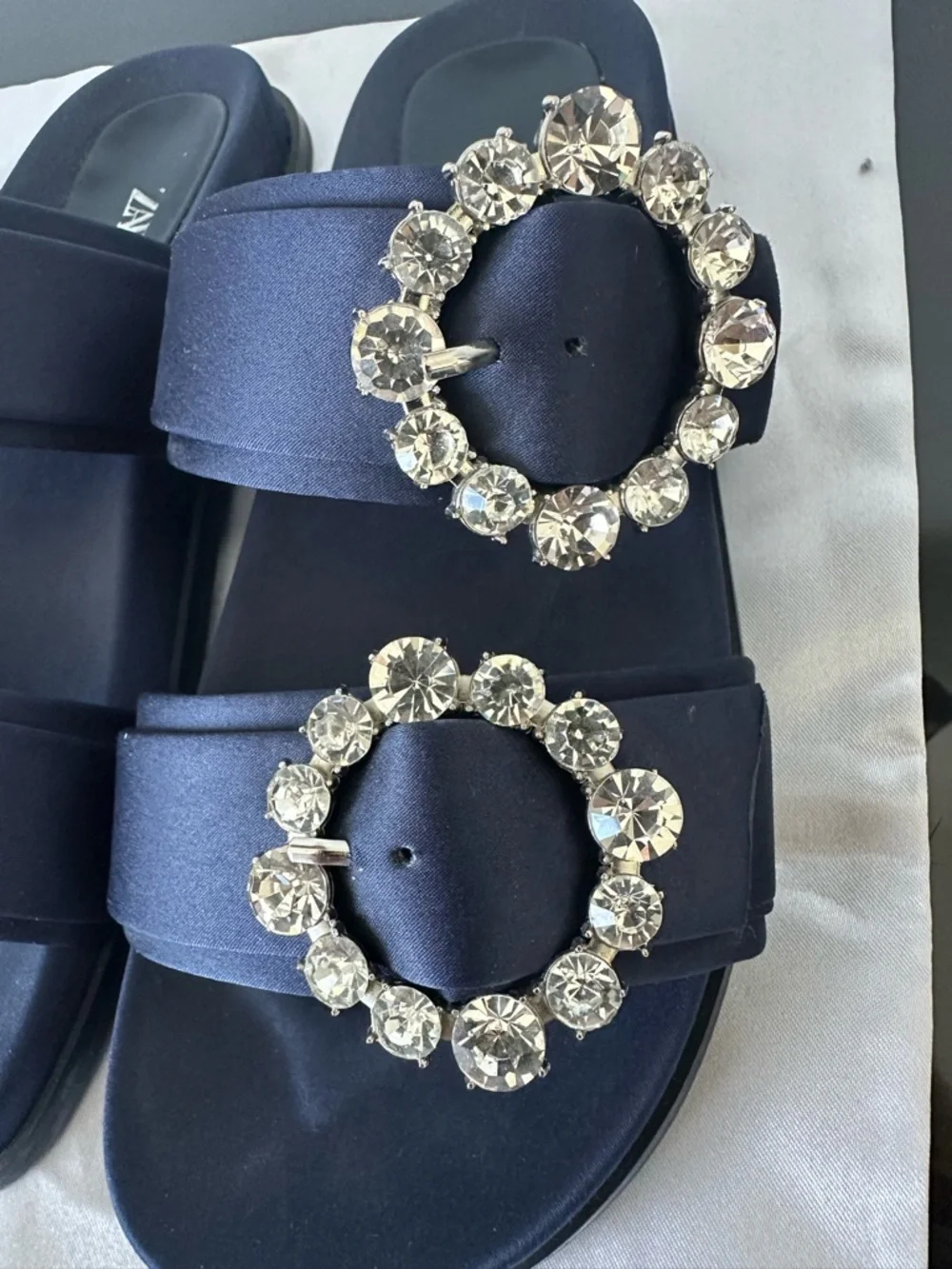 Zara Navy Satin Slide Sandals with Crystal Buckle Accents - Picture 2 of 6